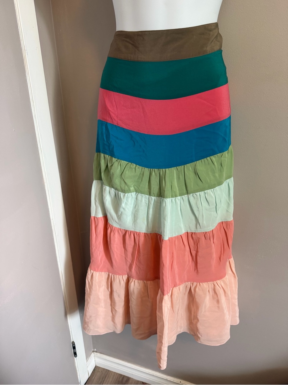 Kenzie Girl 100% Silk Colorblock Tiered Maxi Skirt M